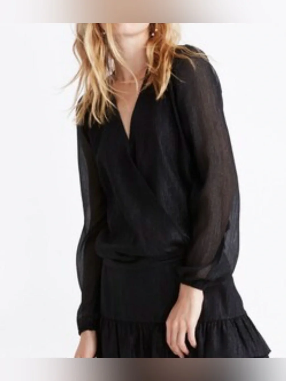 Madewell Shimmer Lyric Wrap Top Small Black Metallic Sheer Long Sleeves Blouse